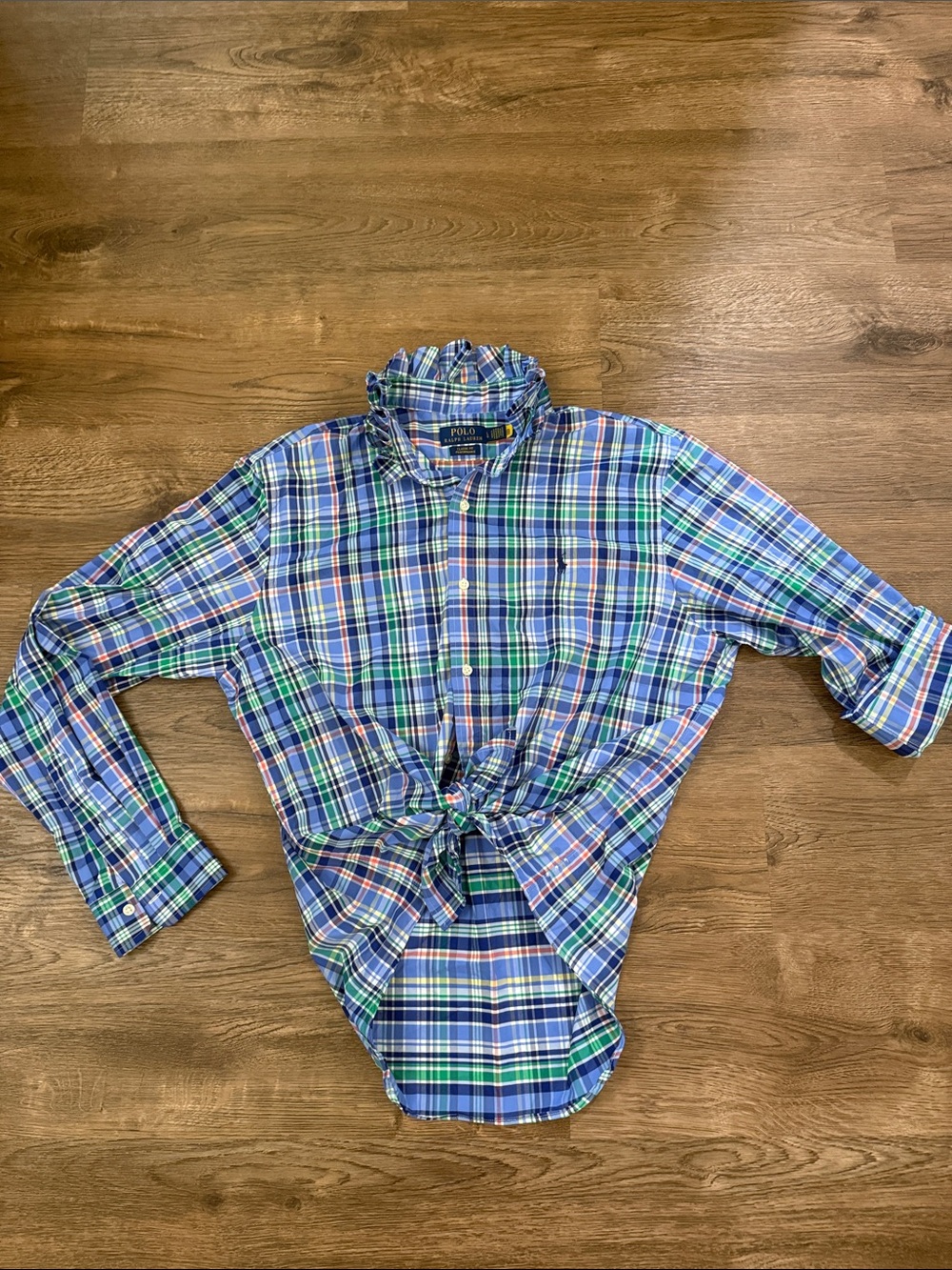 Polo Ralph Lauren upcycled Blue, Green White Plaid Button-Down Shirt Size Large